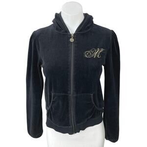 Mango Black Embroidered Velvet Velour Track Suit Sweatshirt Sweater Hoodie Top S